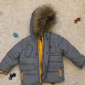 Rothschild Yellow and Gray Jacket with Faux Fur Hood